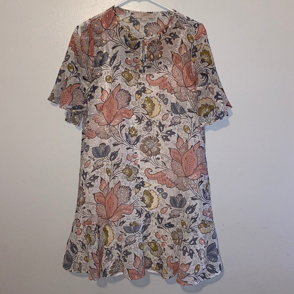 LOFT trapeze flower pattern dress with ruffles